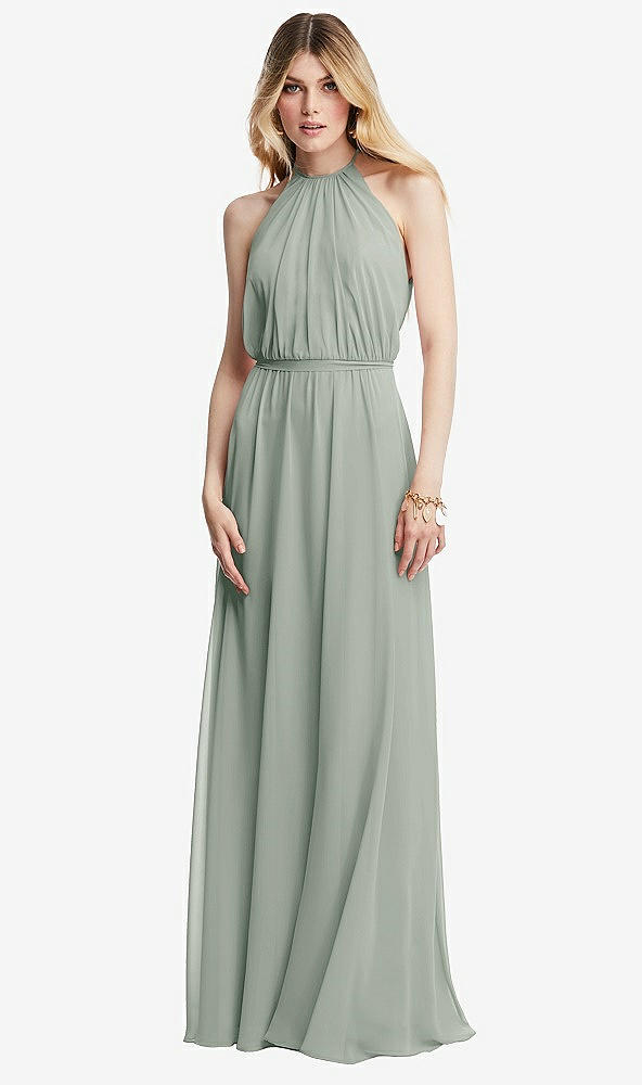 Front View - Willow Green Illusion Back Halter Maxi Dress with Covered Button Detail