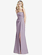 Alt View 2 Thumbnail - Lilac Haze Strapless Pleated Faux Wrap Trumpet Gown with Front Slit