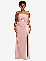 Front View Thumbnail - Rose - PANTONE Rose Quartz Strapless Pleated Faux Wrap Trumpet Gown with Front Slit