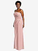 Side View Thumbnail - Rose - PANTONE Rose Quartz Strapless Pleated Faux Wrap Trumpet Gown with Front Slit