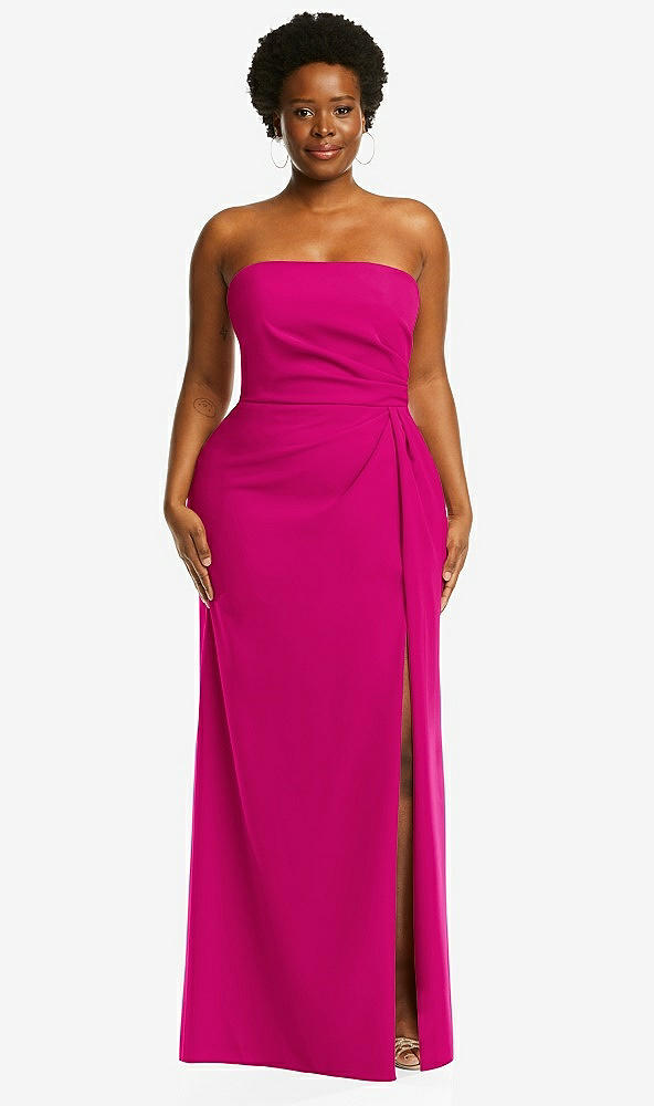 Front View - Think Pink Strapless Pleated Faux Wrap Trumpet Gown with Front Slit