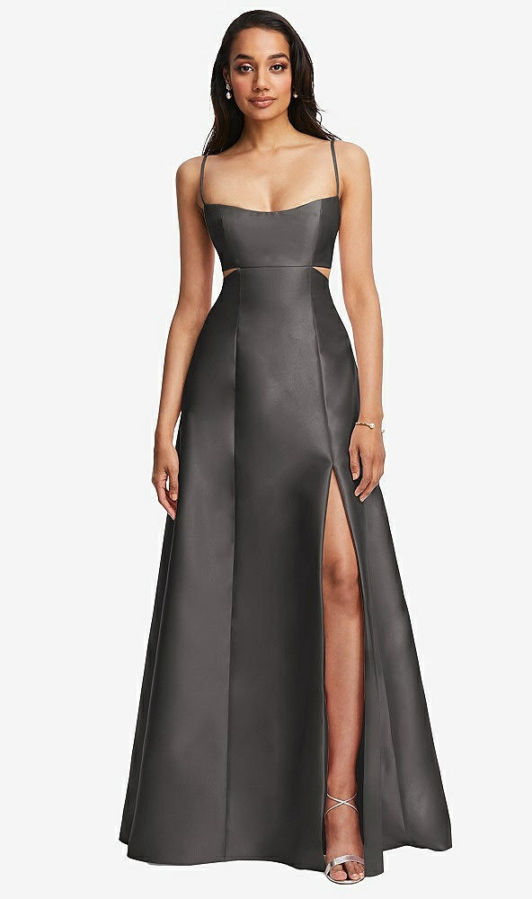 Front View - Caviar Gray Open Neckline Cutout Satin Twill A-Line Gown with Pockets