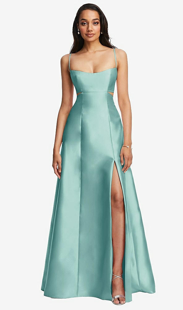 Front View - Coastal Open Neckline Cutout Satin Twill A-Line Gown with Pockets