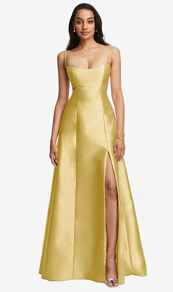 Front View - Maize Open Neckline Cutout Satin Twill A-Line Gown with Pockets