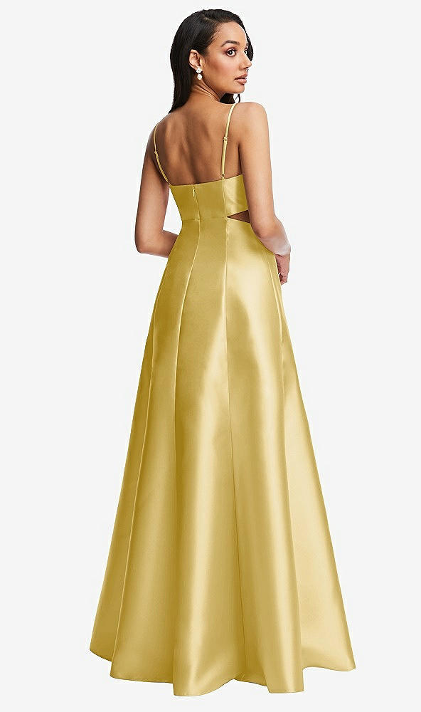 Back View - Maize Open Neckline Cutout Satin Twill A-Line Gown with Pockets