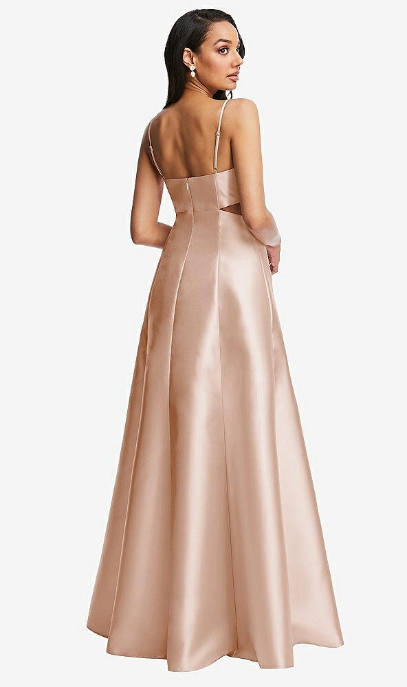 Back View - Cameo Open Neckline Cutout Satin Twill A-Line Gown with Pockets