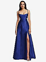 Front View Thumbnail - Cobalt Blue Open Neckline Cutout Satin Twill A-Line Gown with Pockets