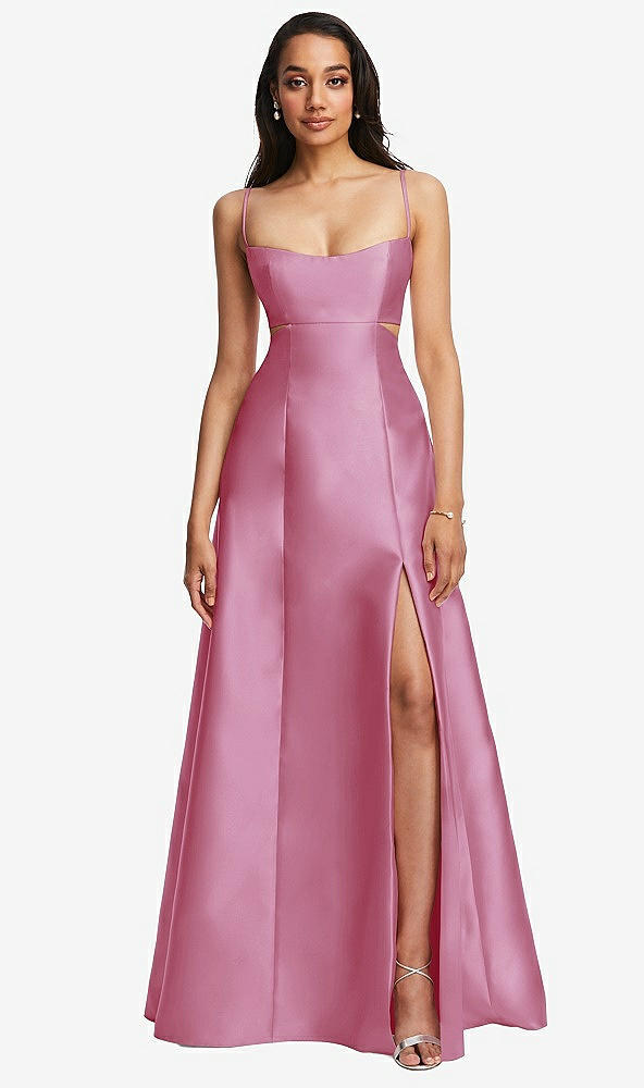 Front View - Powder Pink Open Neckline Cutout Satin Twill A-Line Gown with Pockets