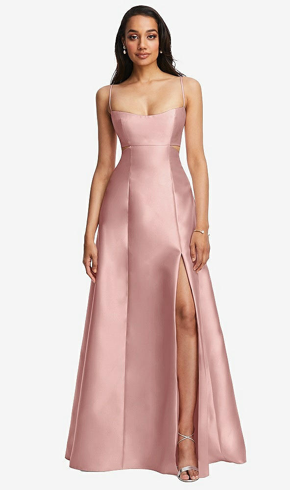 Front View - Rose - PANTONE Rose Quartz Open Neckline Cutout Satin Twill A-Line Gown with Pockets