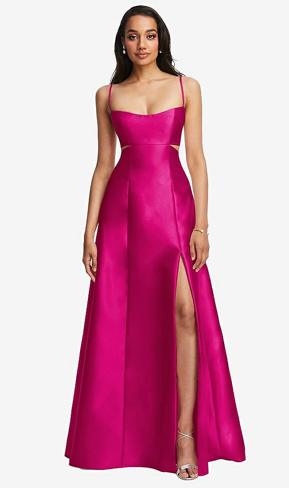 Front View - Think Pink Open Neckline Cutout Satin Twill A-Line Gown with Pockets