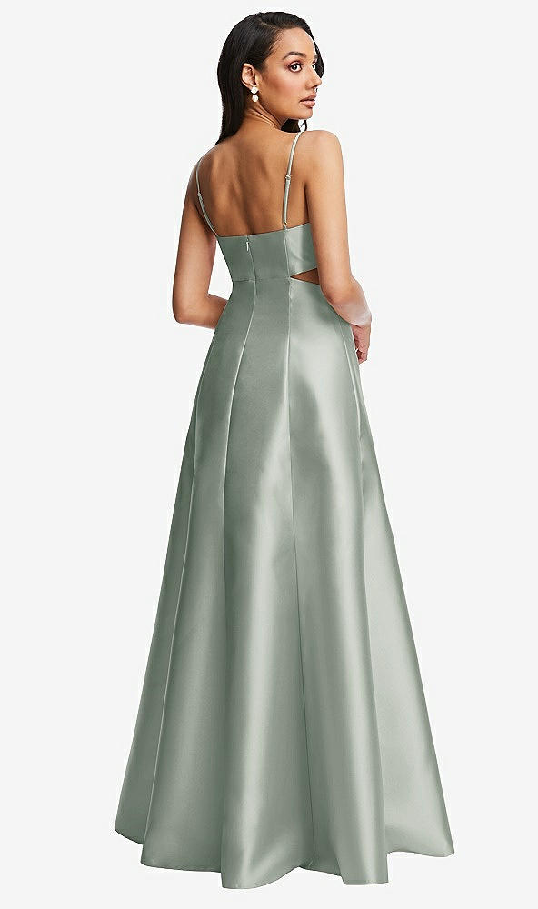 Back View - Willow Green Open Neckline Cutout Satin Twill A-Line Gown with Pockets