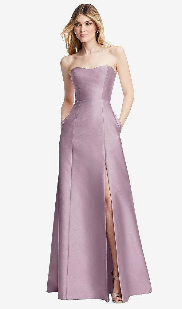 Back View - Suede Rose Strapless A-line Satin Gown with Modern Bow Detail