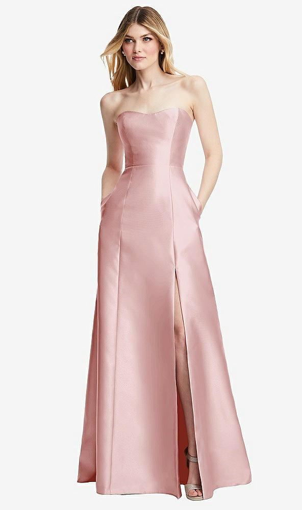 Back View - Ballet Pink Strapless A-line Satin Gown with Modern Bow Detail