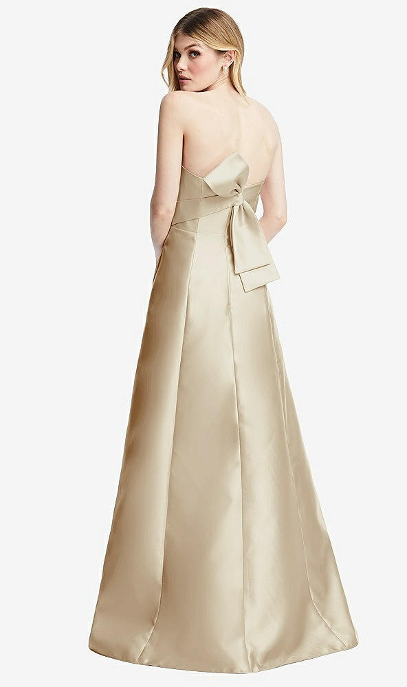 Front View - Champagne Strapless A-line Satin Gown with Modern Bow Detail