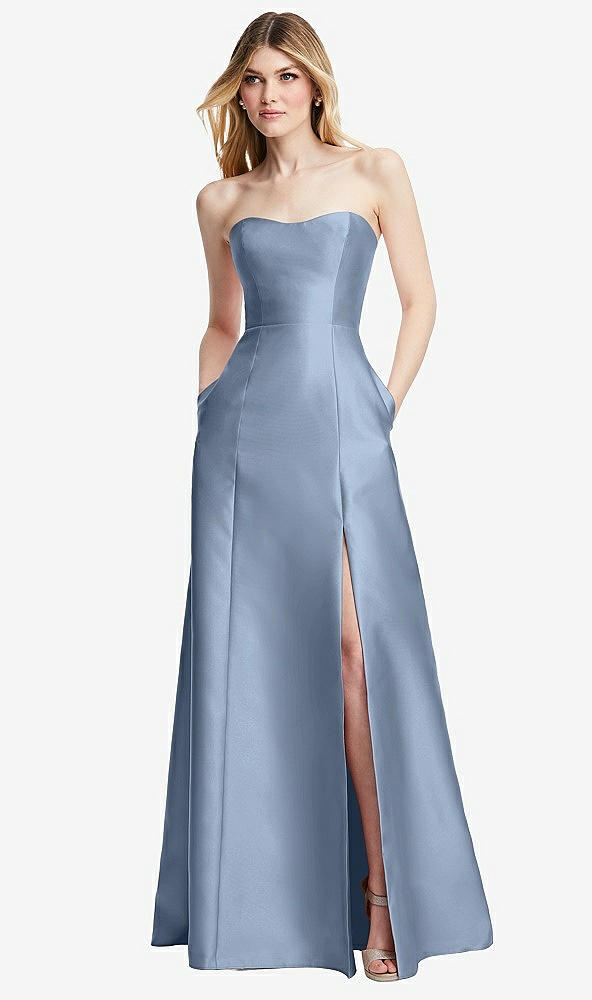 Back View - Cloudy Strapless A-line Satin Gown with Modern Bow Detail