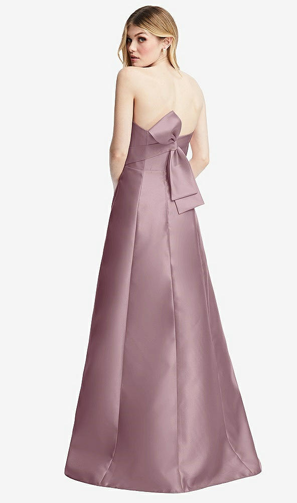 Front View - Dusty Rose Strapless A-line Satin Gown with Modern Bow Detail