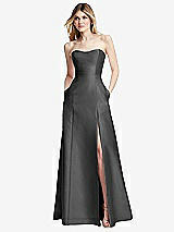 Rear View Thumbnail - Gunmetal Strapless A-line Satin Gown with Modern Bow Detail