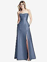 Rear View Thumbnail - Larkspur Blue Strapless A-line Satin Gown with Modern Bow Detail