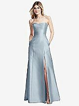 Rear View Thumbnail - Mist Strapless A-line Satin Gown with Modern Bow Detail