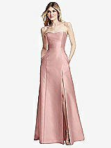 Rear View Thumbnail - Rose - PANTONE Rose Quartz Strapless A-line Satin Gown with Modern Bow Detail