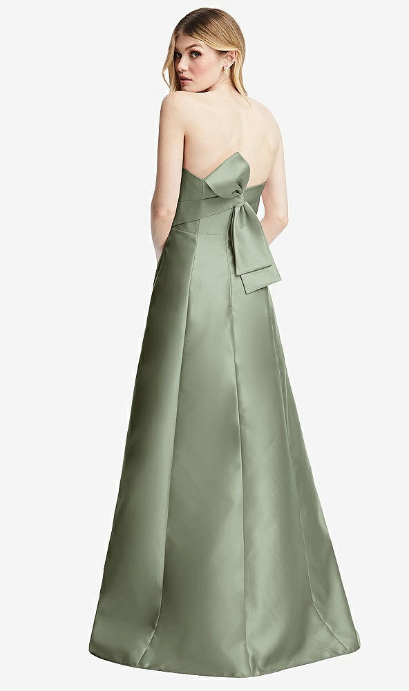 Front View - Sage Strapless A-line Satin Gown with Modern Bow Detail