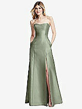 Rear View Thumbnail - Sage Strapless A-line Satin Gown with Modern Bow Detail