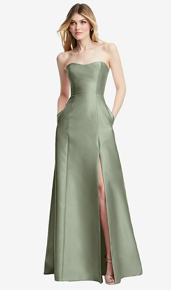 Back View - Sage Strapless A-line Satin Gown with Modern Bow Detail