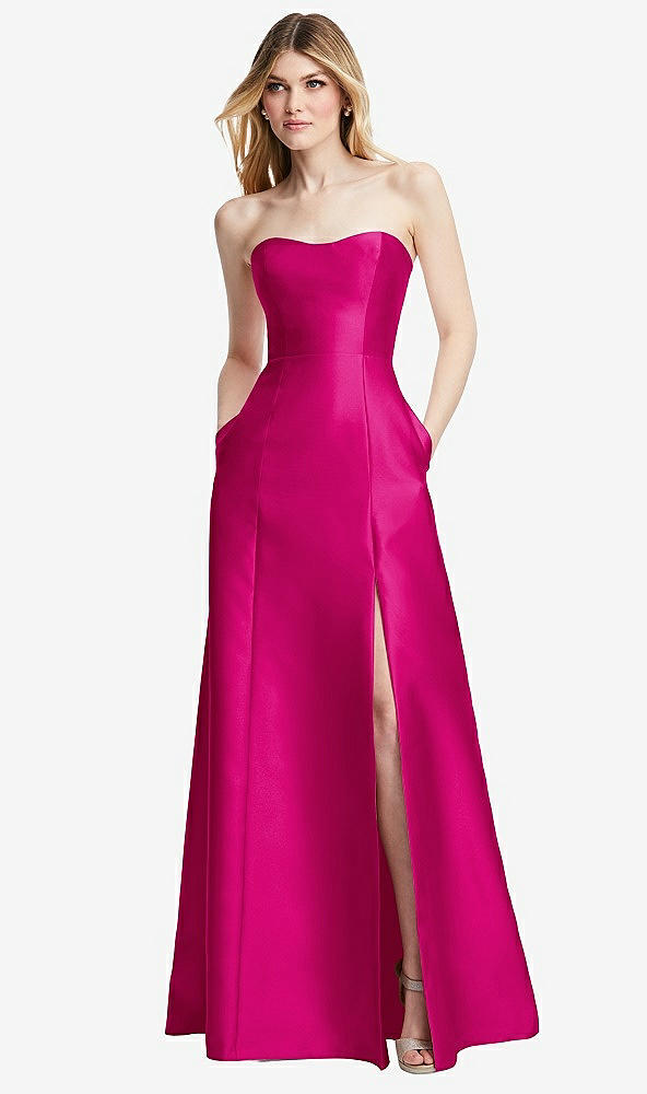 Back View - Think Pink Strapless A-line Satin Gown with Modern Bow Detail