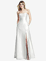 Rear View Thumbnail - White Strapless A-line Satin Gown with Modern Bow Detail