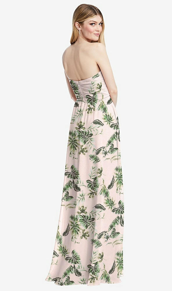 Back View - Palm Beach Print Shirred Bodice Strapless Chiffon Maxi Dress with Optional Straps