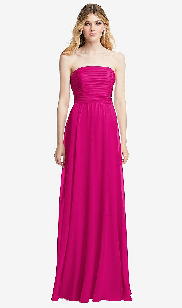 Front View - Think Pink Shirred Bodice Strapless Chiffon Maxi Dress with Optional Straps