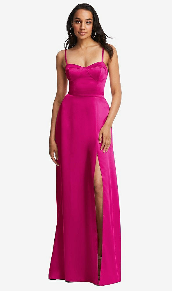 Front View - Think Pink Bustier A-Line Maxi Dress with Adjustable Spaghetti Straps