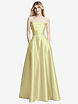 Alt View 3 Thumbnail - Butter Yellow Strapless Bias Cuff Bodice Satin Gown with Pockets