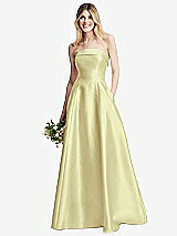 Alt View 6 Thumbnail - Butter Yellow Strapless Bias Cuff Bodice Satin Gown with Pockets