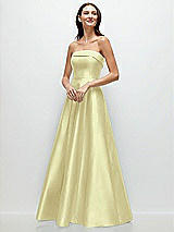 Front View Thumbnail - Butter Yellow Strapless Bias Cuff Bodice Satin Gown with Pockets