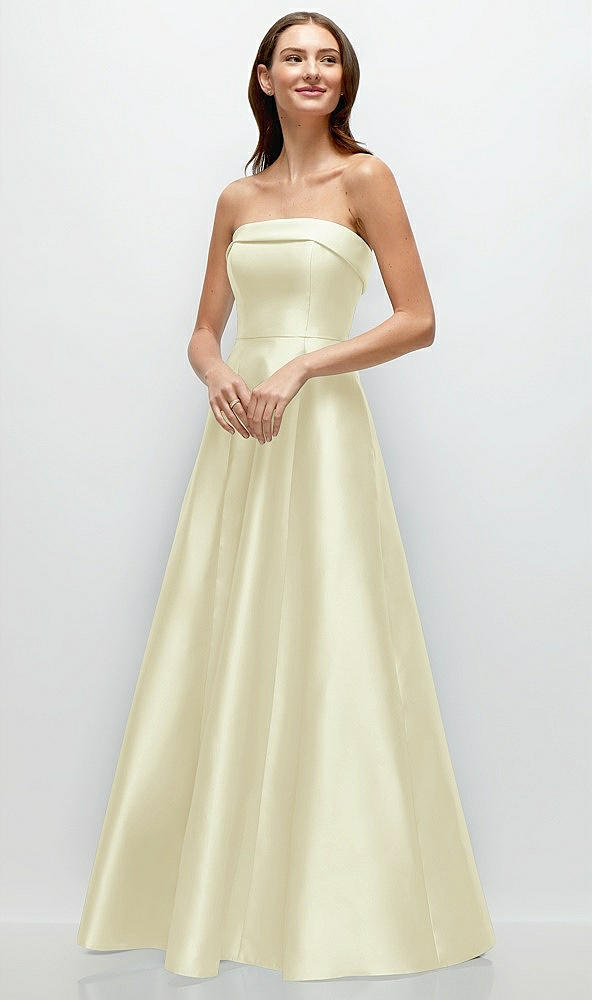 Front View - Butter Yellow Strapless Bias Cuff Bodice Satin Gown with Pockets