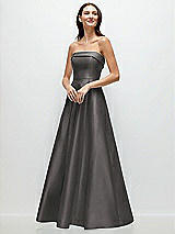 Front View Thumbnail - Caviar Gray Strapless Bias Cuff Bodice Satin Gown with Pockets