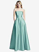 Alt View 3 Thumbnail - Coastal Strapless Bias Cuff Bodice Satin Gown with Pockets