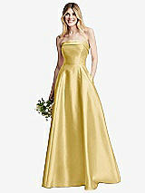 Alt View 6 Thumbnail - Maize Strapless Bias Cuff Bodice Satin Gown with Pockets