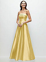 Front View Thumbnail - Maize Strapless Bias Cuff Bodice Satin Gown with Pockets