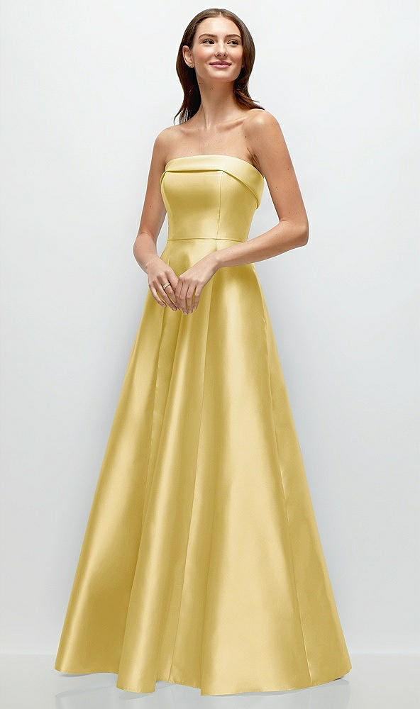 Front View - Maize Strapless Bias Cuff Bodice Satin Gown with Pockets