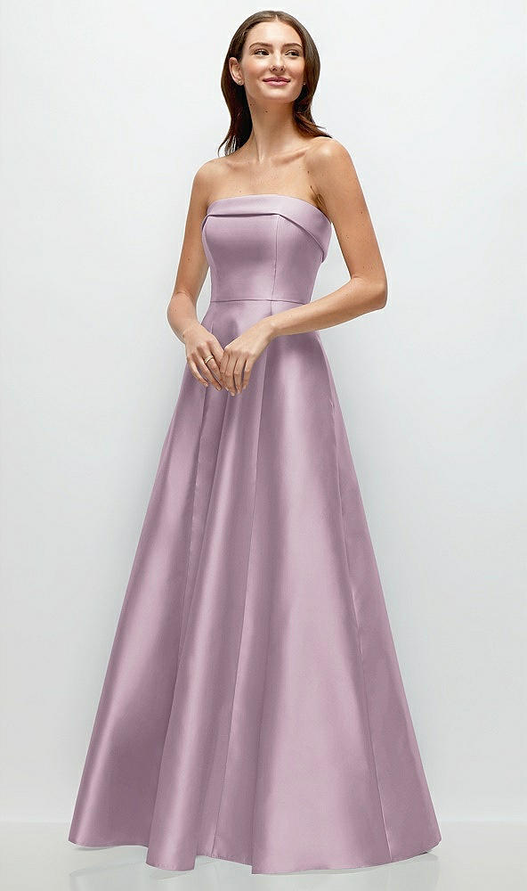 Front View - Suede Rose Strapless Bias Cuff Bodice Satin Gown with Pockets