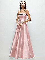 Front View Thumbnail - Ballet Pink Strapless Bias Cuff Bodice Satin Gown with Pockets