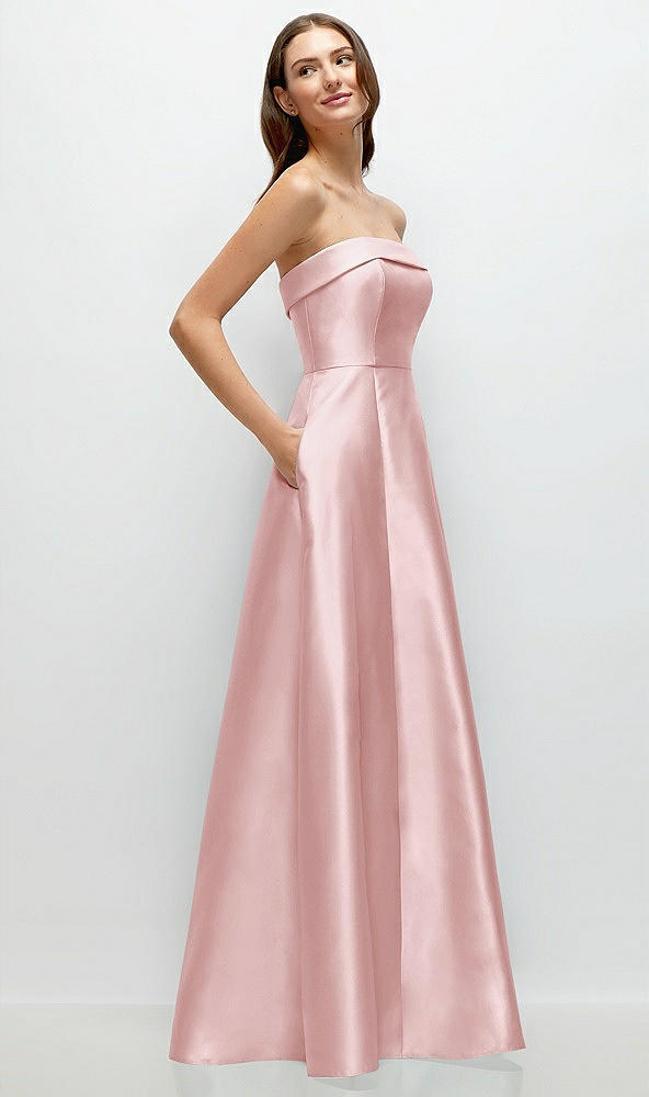 Back View - Ballet Pink Strapless Bias Cuff Bodice Satin Gown with Pockets