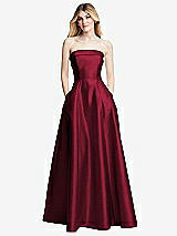 Alt View 3 Thumbnail - Burgundy Strapless Bias Cuff Bodice Satin Gown with Pockets