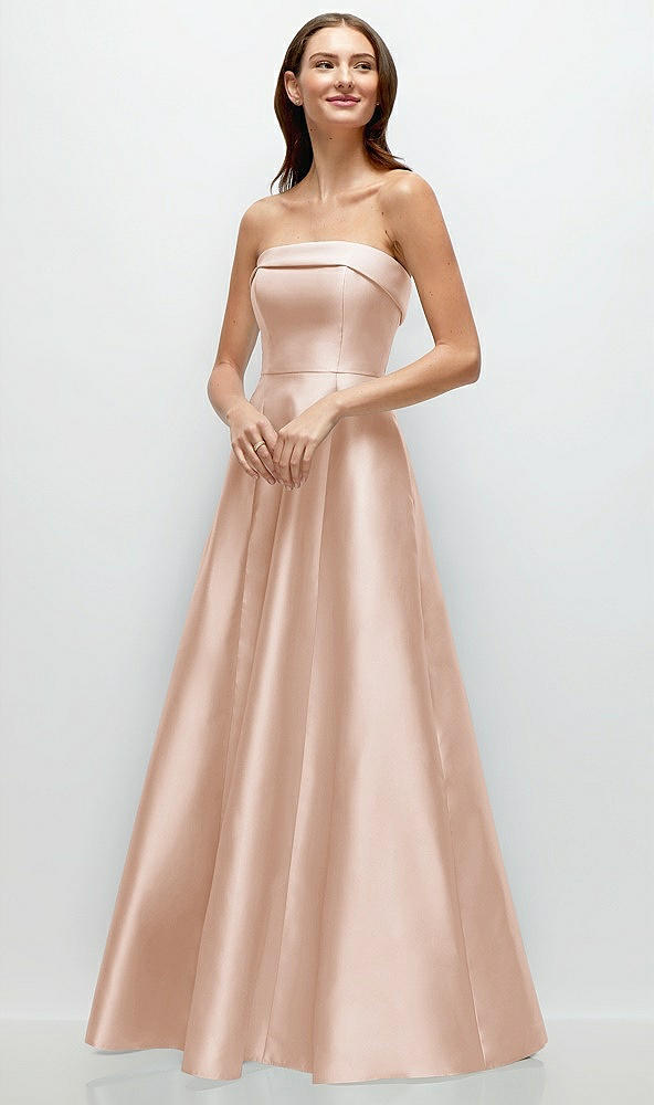 Front View - Cameo Strapless Bias Cuff Bodice Satin Gown with Pockets