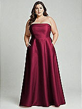 Alt View 1 Thumbnail - Cabernet Strapless Bias Cuff Bodice Satin Gown with Pockets