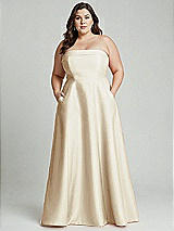 Alt View 1 Thumbnail - Champagne Strapless Bias Cuff Bodice Satin Gown with Pockets