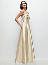 Rear View Thumbnail - Champagne Strapless Bias Cuff Bodice Satin Gown with Pockets