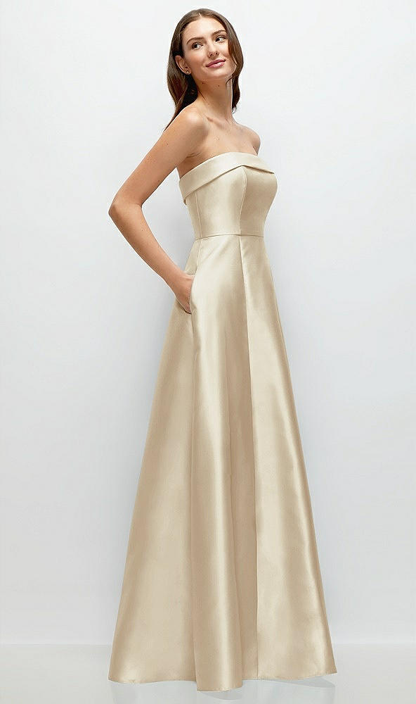 Back View - Champagne Strapless Bias Cuff Bodice Satin Gown with Pockets